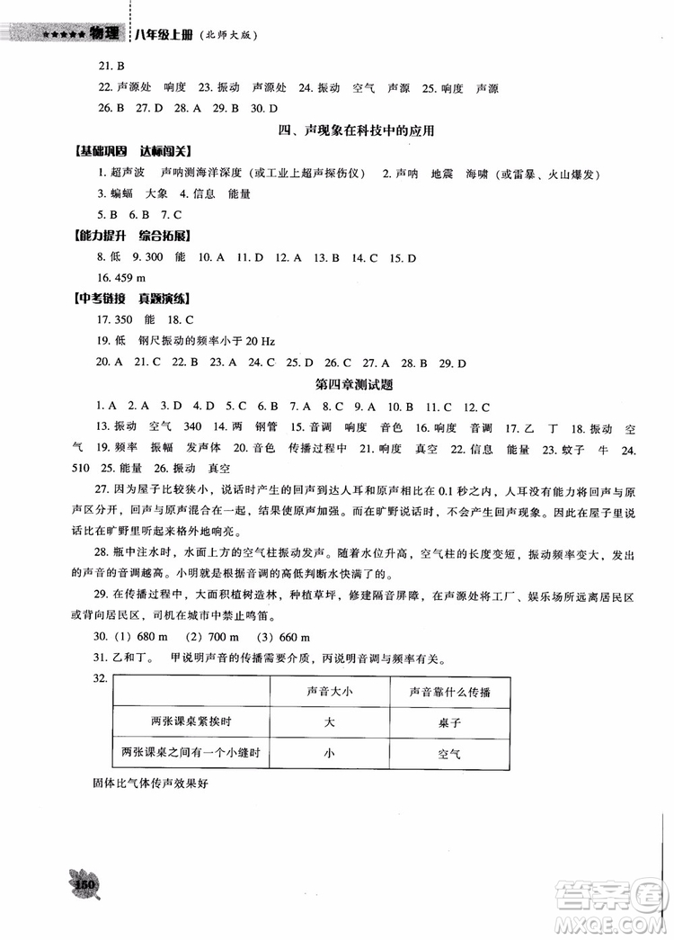 2018年北師大版物理八年級上新課程能力培養(yǎng)參考答案