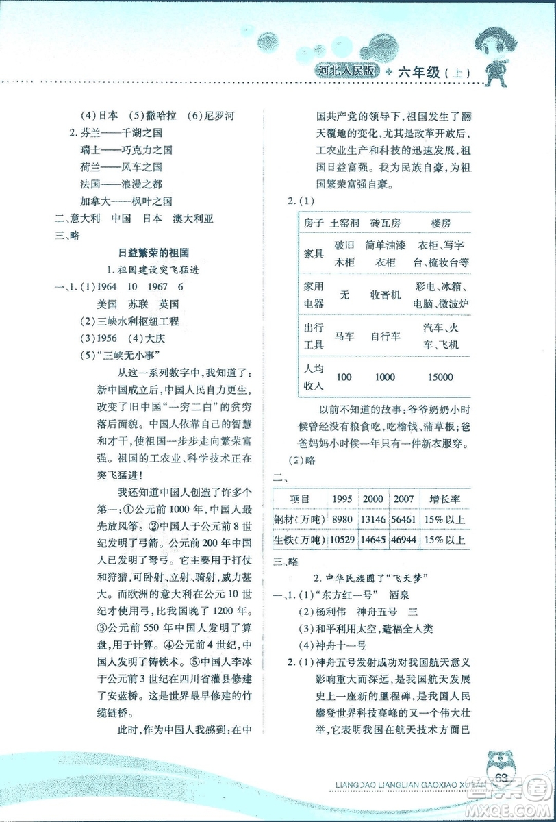 河北人民版2018年新課標(biāo)兩導(dǎo)兩練高效學(xué)案品德與社會六年級上冊答案