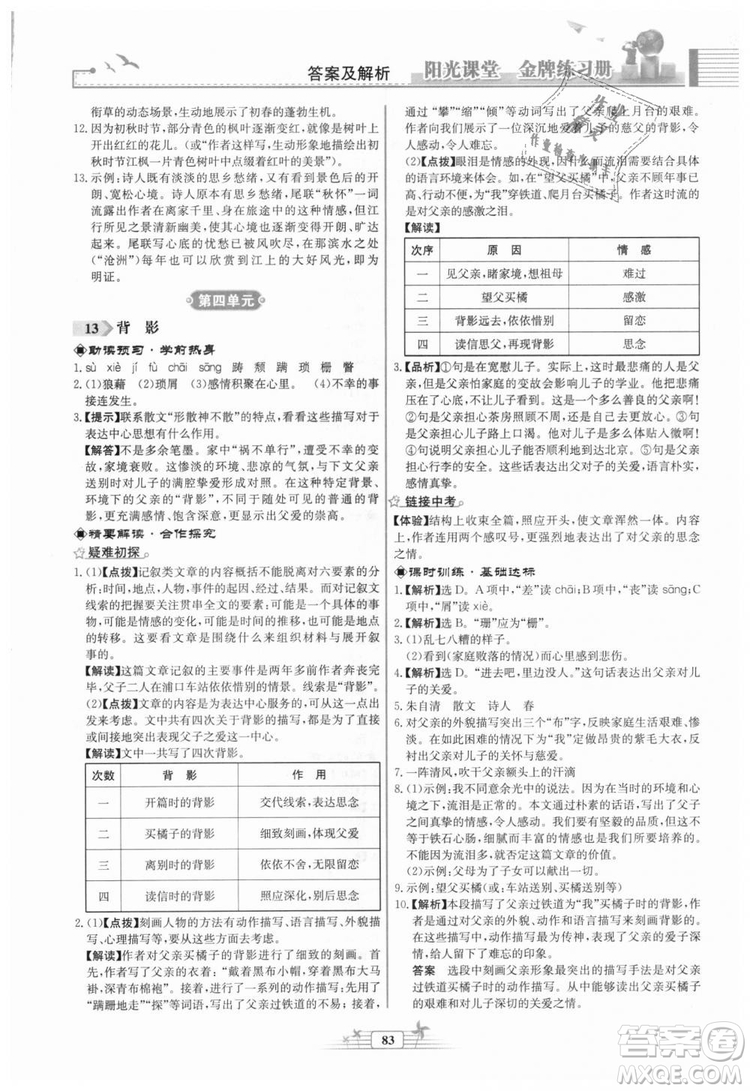 福建專版2018秋陽光課堂金牌練習(xí)冊(cè)語文八年級(jí)語文上冊(cè)答案