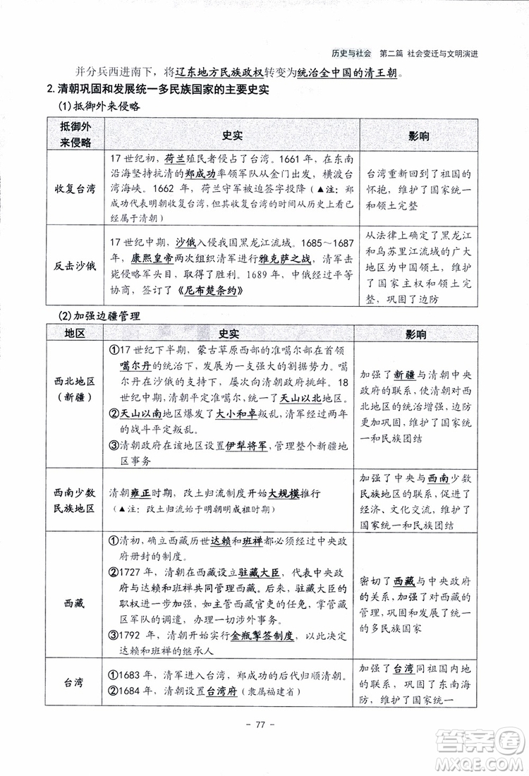 2018楊柳文化歷史與社會思想品德中考總復習學習手冊考點解讀省考點版參考答案