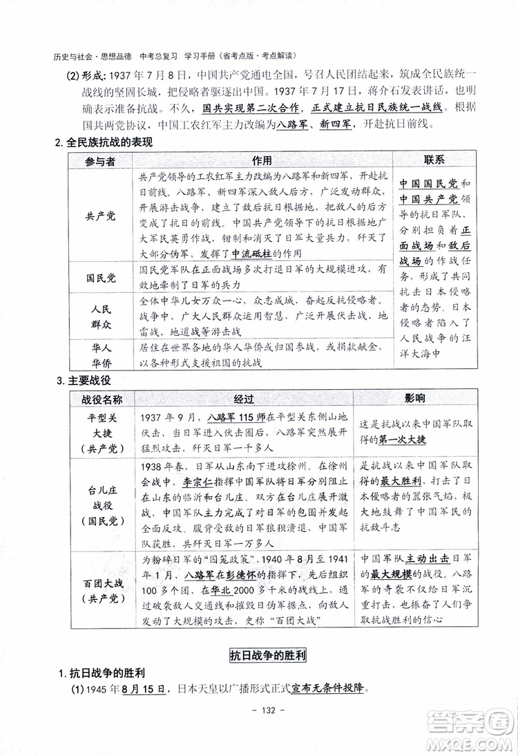 2018楊柳文化歷史與社會思想品德中考總復習學習手冊考點解讀省考點版參考答案