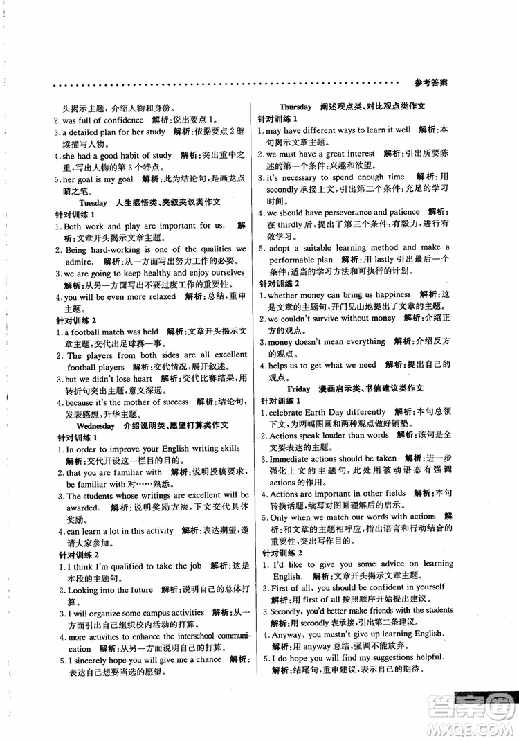 2019版哈佛英語高二書面表達(dá)巧學(xué)精練參考答案