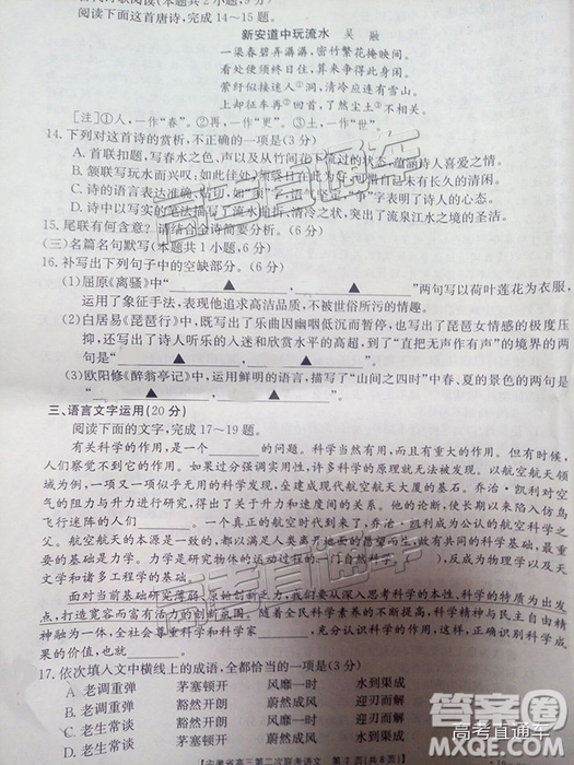 2019安徽第二次金太陽聯(lián)考G20聯(lián)考高三聯(lián)考語文試題及參考答案