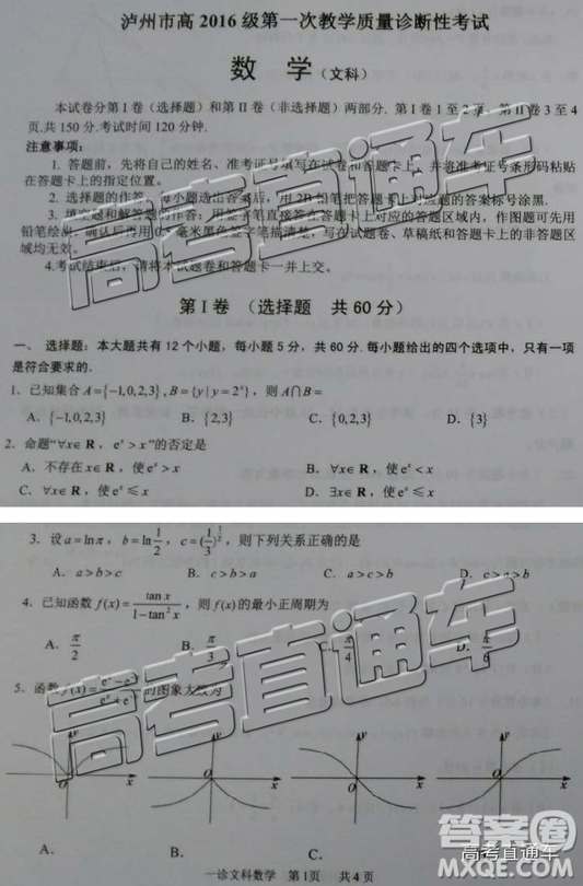 瀘州一診2019屆文數(shù)試題及參考答案