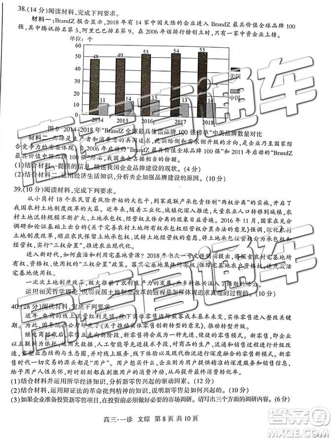 2019屆瀘州市高三一診文綜試題及參考答案