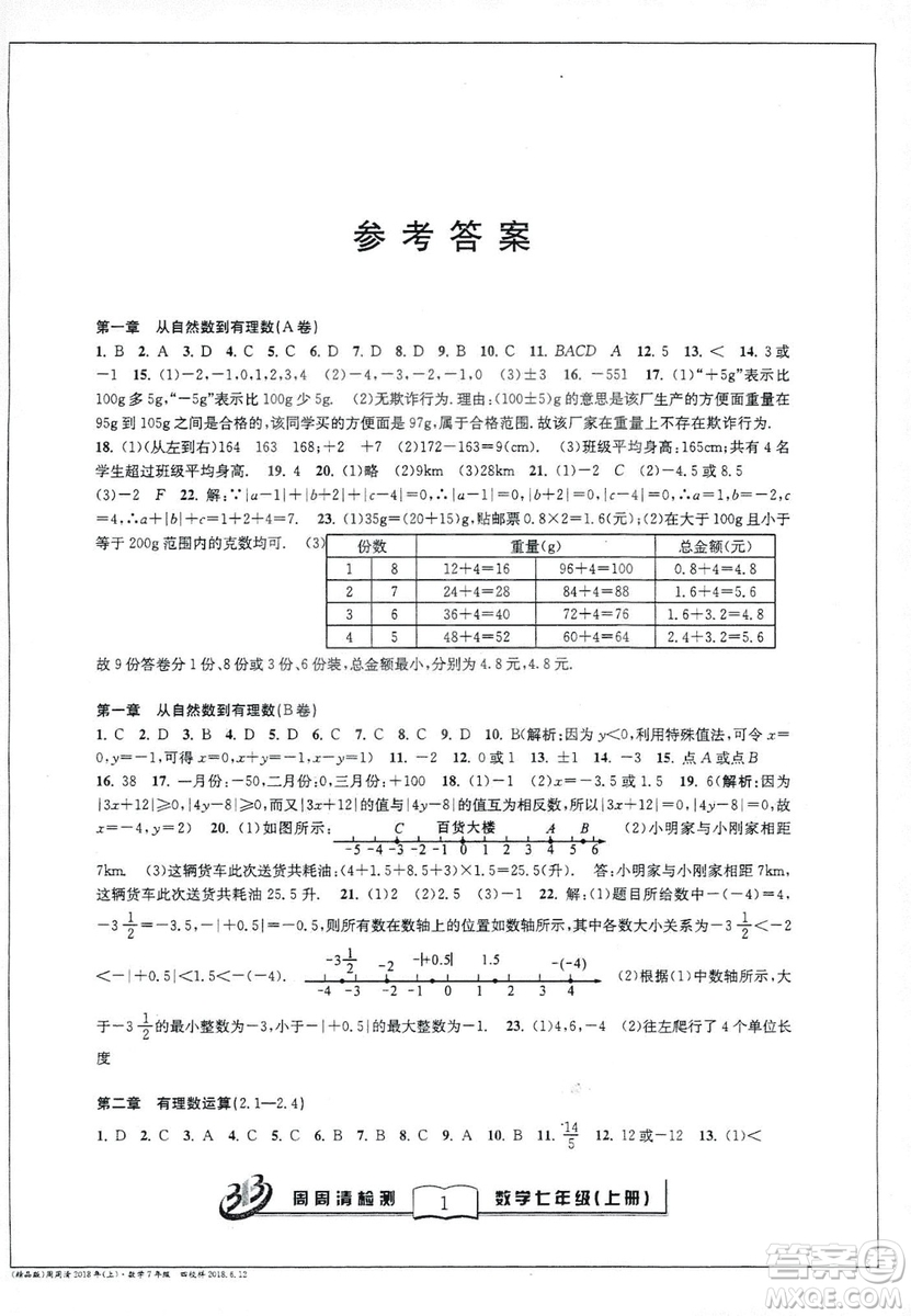 9787545423563浙教版BFB周周清檢測(cè)2018年七年級(jí)上冊(cè)數(shù)學(xué)參考答案