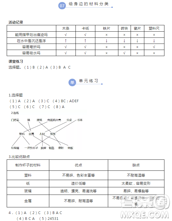 浙江教育出版社2018升級版科學(xué)作業(yè)本三年級上冊第三單元答案