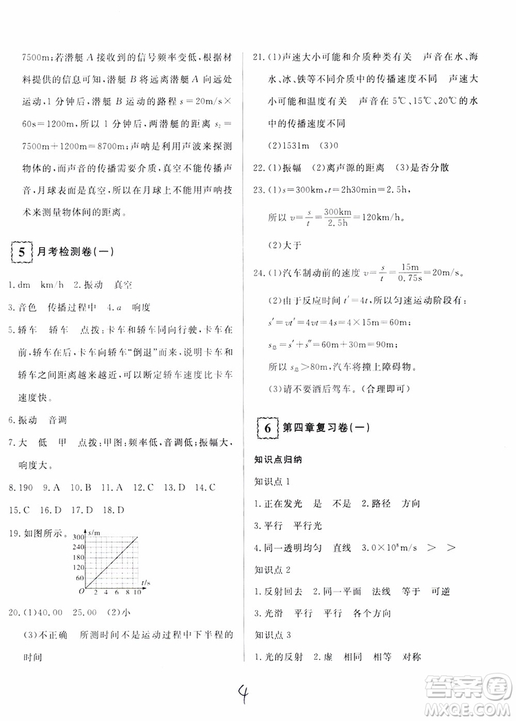 優(yōu)翼叢書2018優(yōu)干線測試卷初中物理八年級上冊HK滬科版參考答案