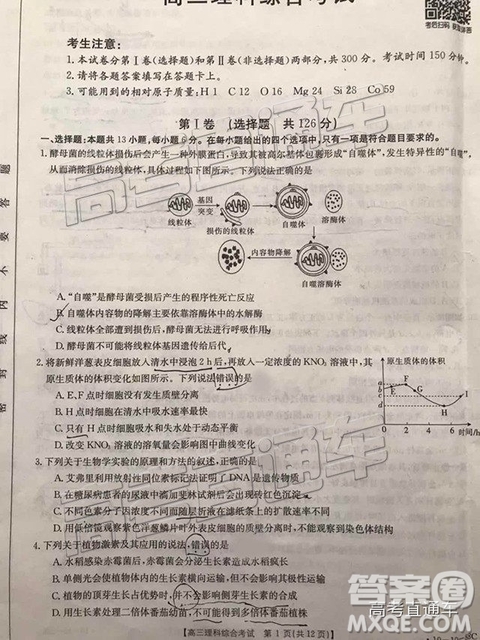 2018年11月廣東金太陽百校聯(lián)考理綜試題及參考答案