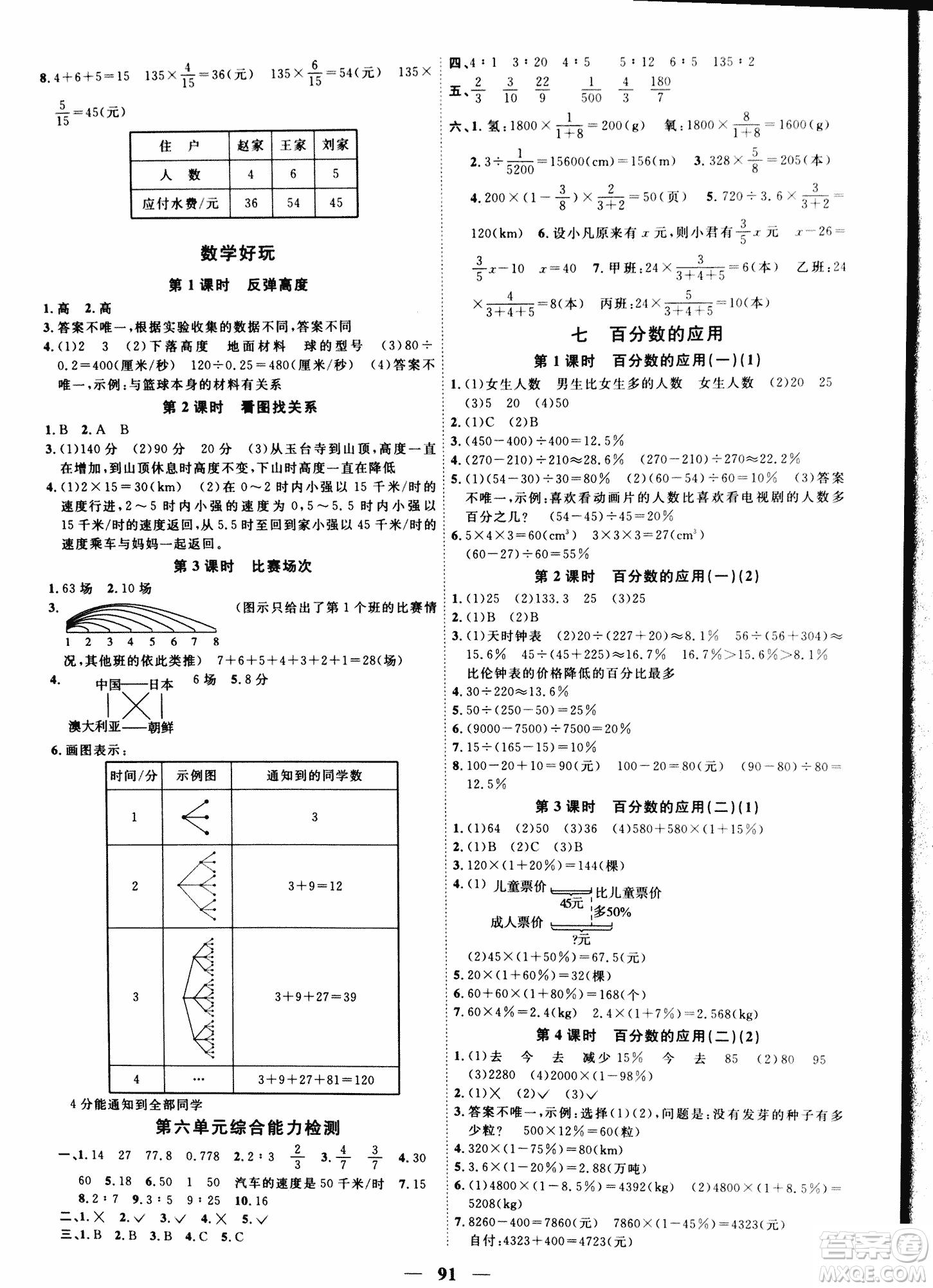 北師版2018陽光課堂課時優(yōu)化作業(yè)六年級數(shù)學上冊參考答案