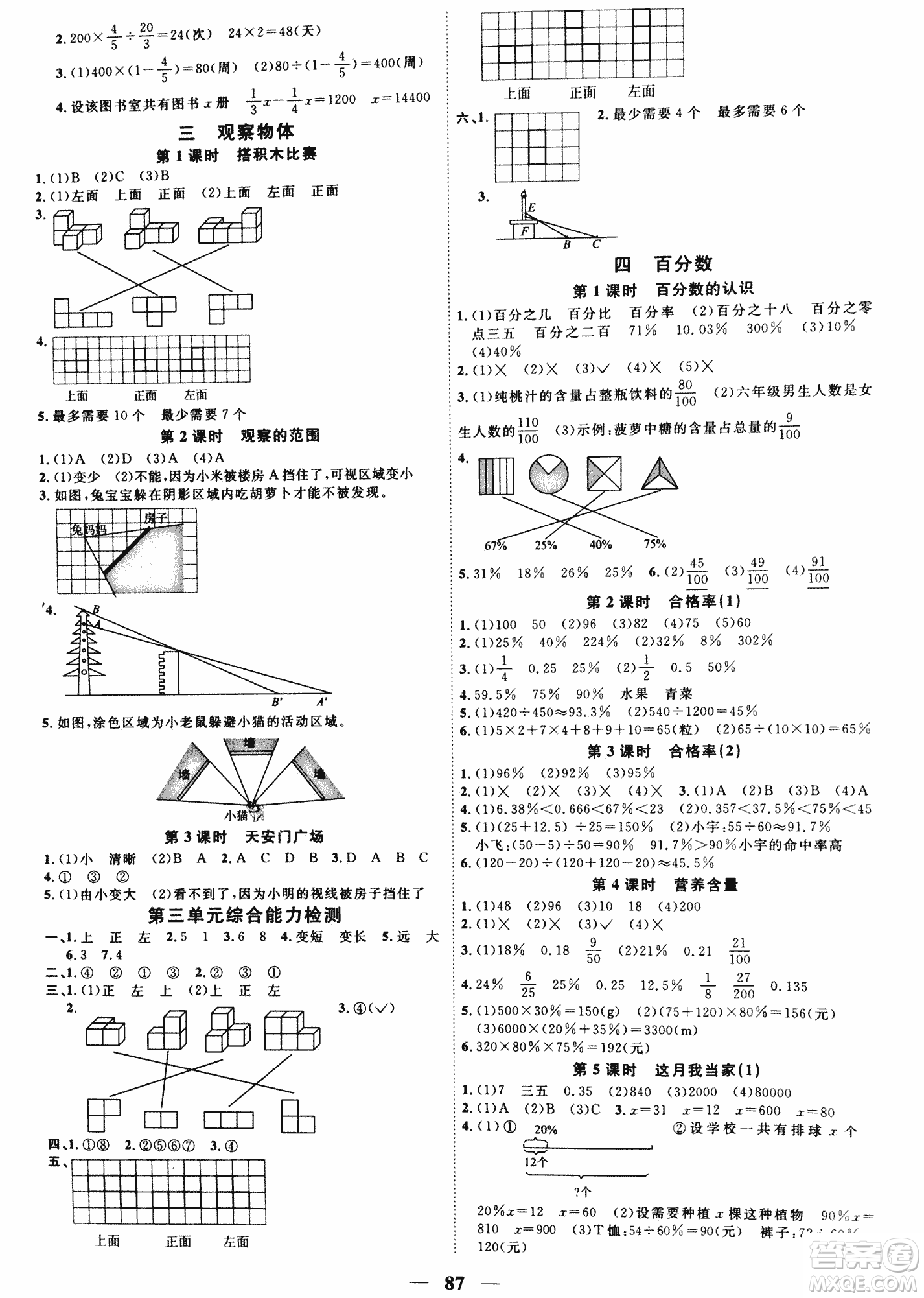 北師版2018陽光課堂課時優(yōu)化作業(yè)六年級數(shù)學上冊參考答案