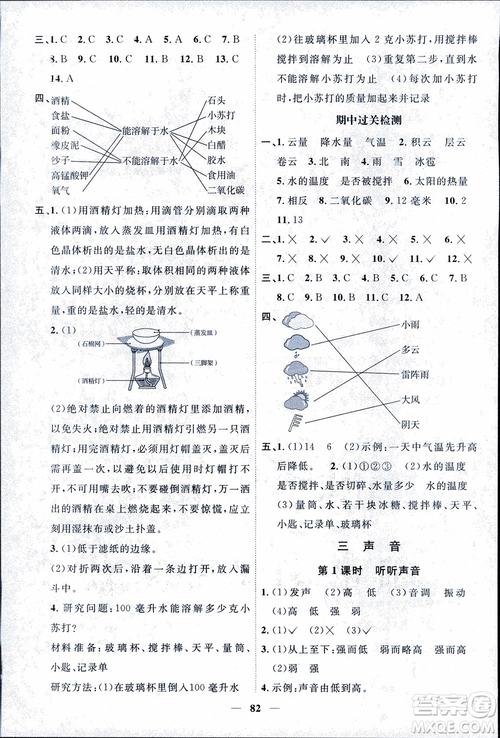 教科版2018秋陽光同學課時優(yōu)化作業(yè)科學四年級上冊科學JK參考答案