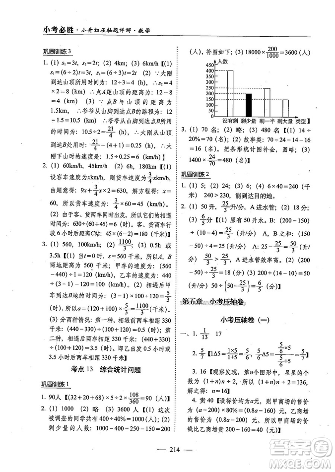 2018年小考必勝小升初壓軸題詳解數(shù)學(xué)參考答案