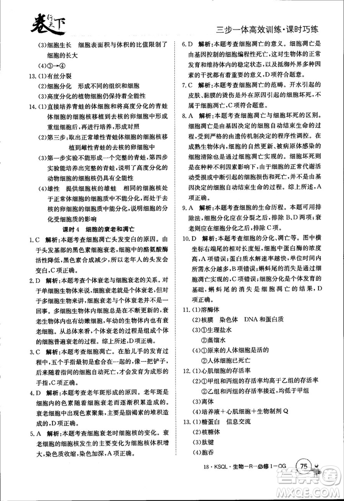 2019年人教版創(chuàng)新版卷行天下課時(shí)巧練生物必修1參考答案