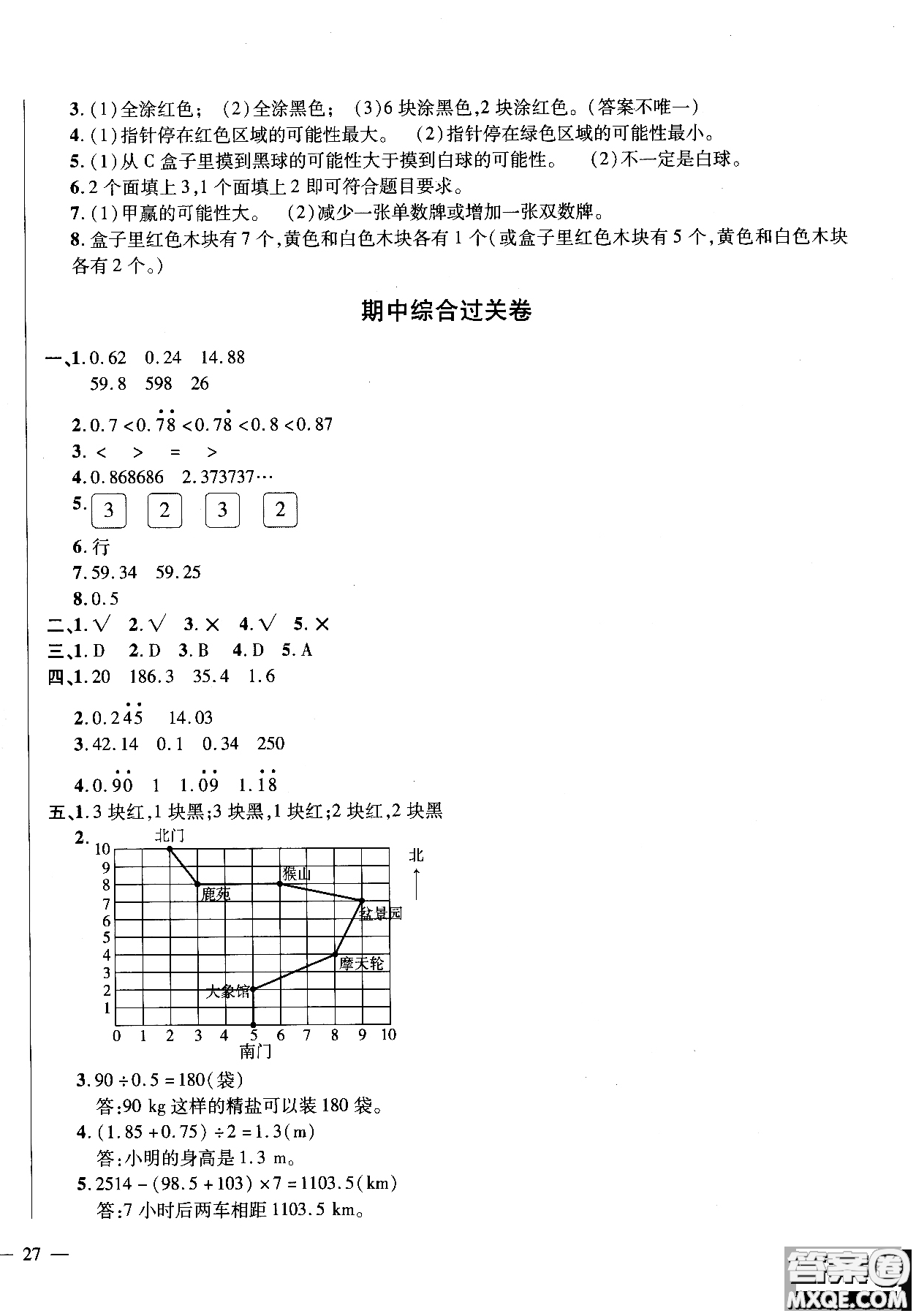 小學數(shù)學2018年舉一反三單元同步過關卷五年級上人教版RJ參考答案