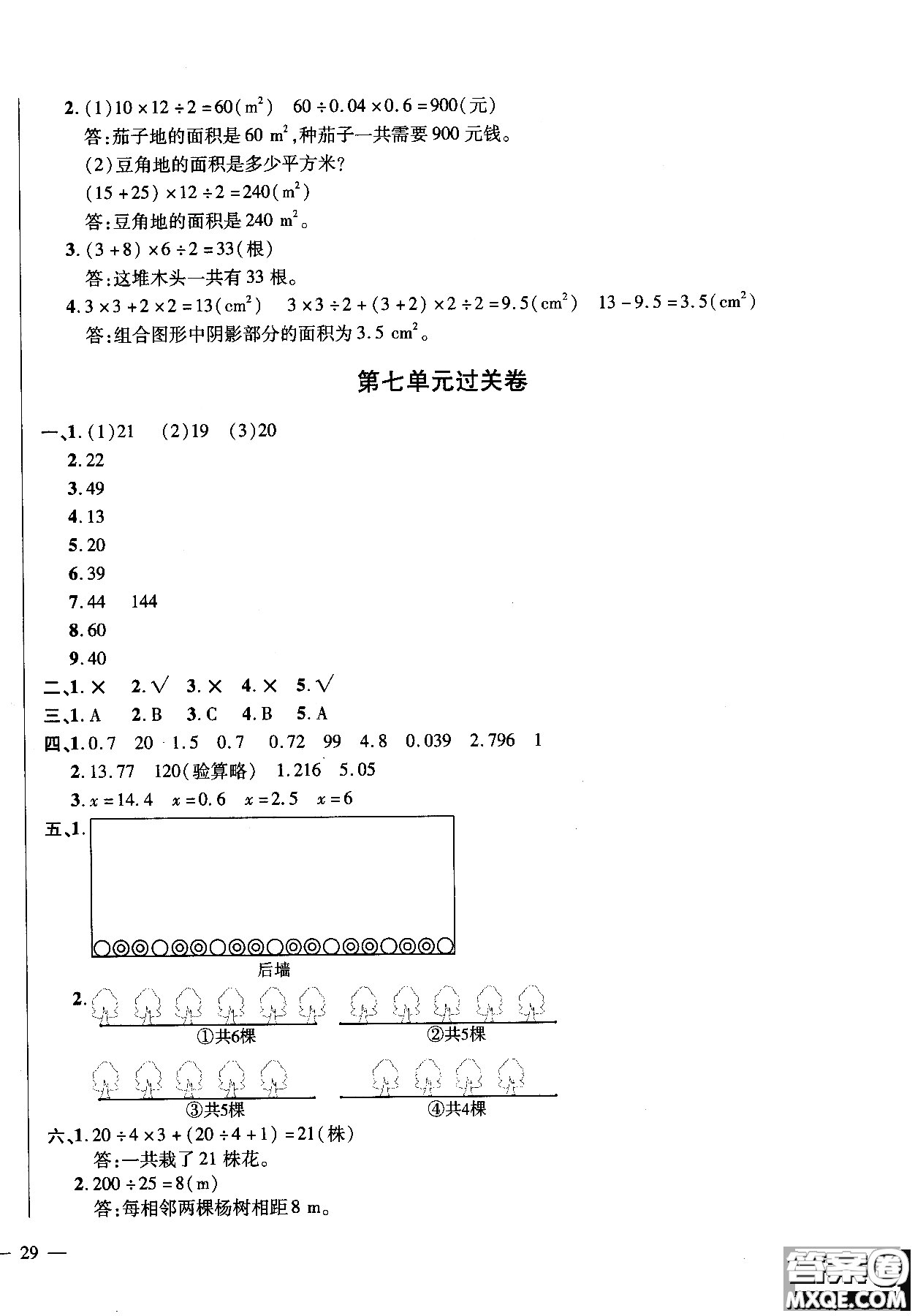 小學數(shù)學2018年舉一反三單元同步過關卷五年級上人教版RJ參考答案