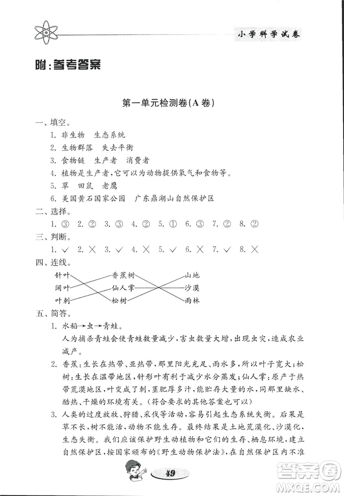 2018年金鑰匙小學科學試卷教科版五年級上冊參考答案