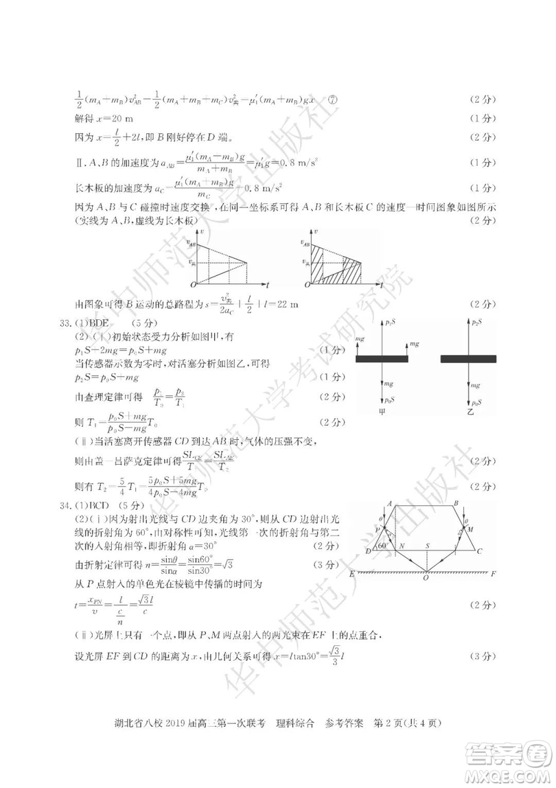 2019屆湖北八校聯(lián)考高三第一次聯(lián)考試題理綜參考答案