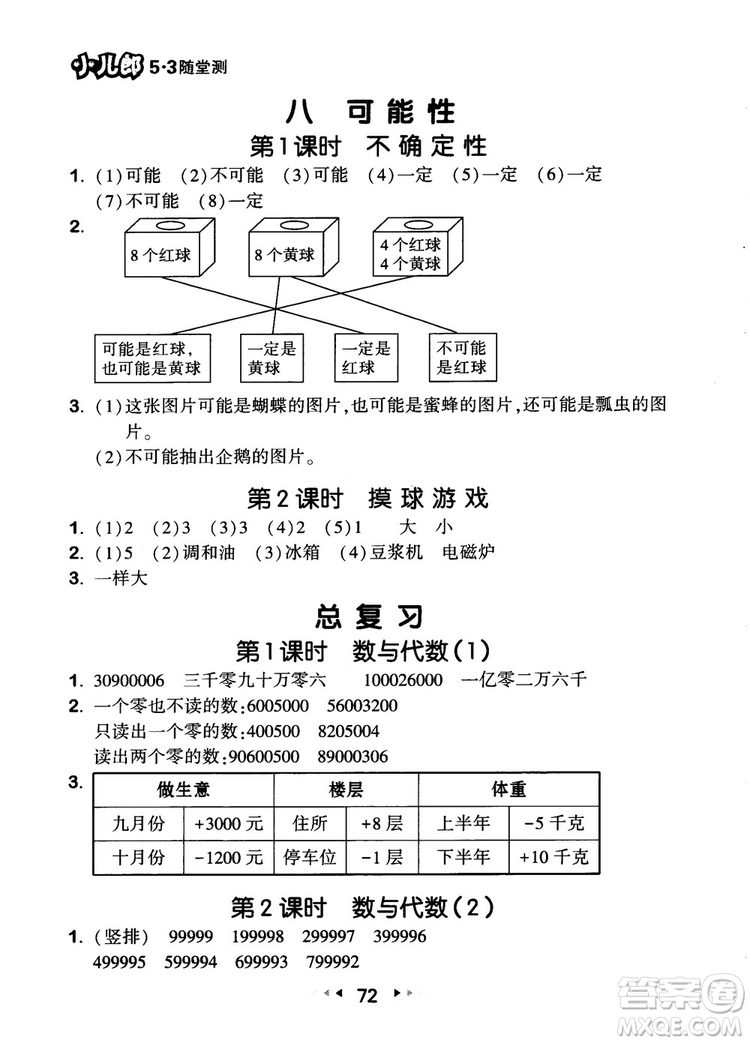 2018年53隨堂測小學數(shù)學四年級上冊BSD北師大版參考答案