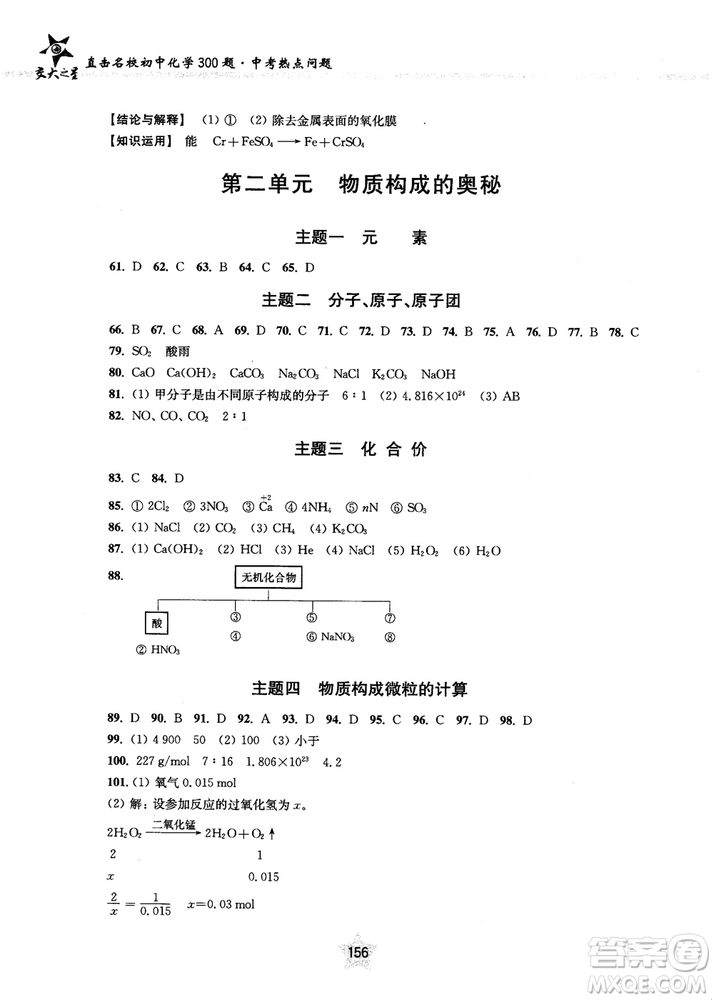 交大之星2018年直擊名校初中化學(xué)300題中考熱點問題ZJ23參考答案