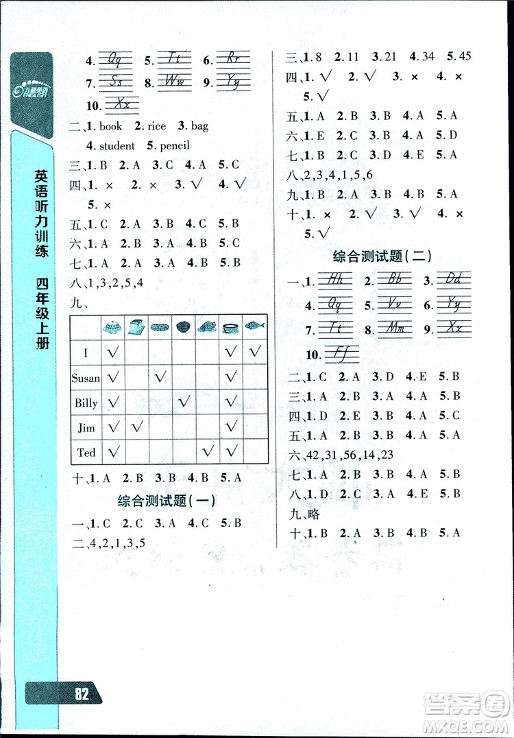 2018年小學四年級上冊長江全能學案英語聽力訓練人教版9787540324261參考答案