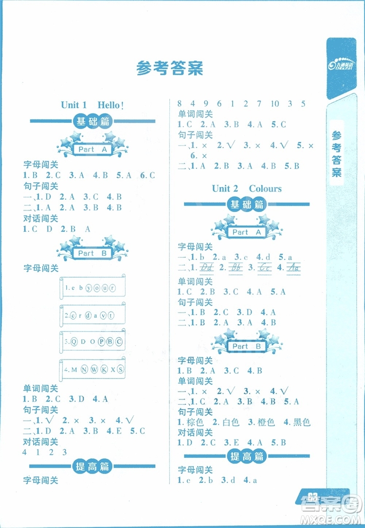 2018年長(zhǎng)江全能學(xué)案英語(yǔ)聽力訓(xùn)練三年級(jí)上冊(cè)人教版參考答案