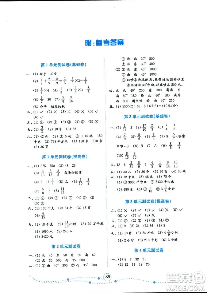 2018秋小學(xué)數(shù)學(xué)六年級上冊金版人教版金鑰匙試卷9787532898701參考答案