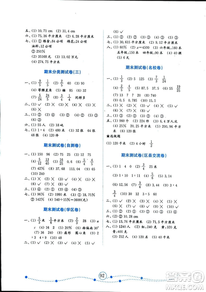 2018秋小學(xué)數(shù)學(xué)六年級上冊金版人教版金鑰匙試卷9787532898701參考答案