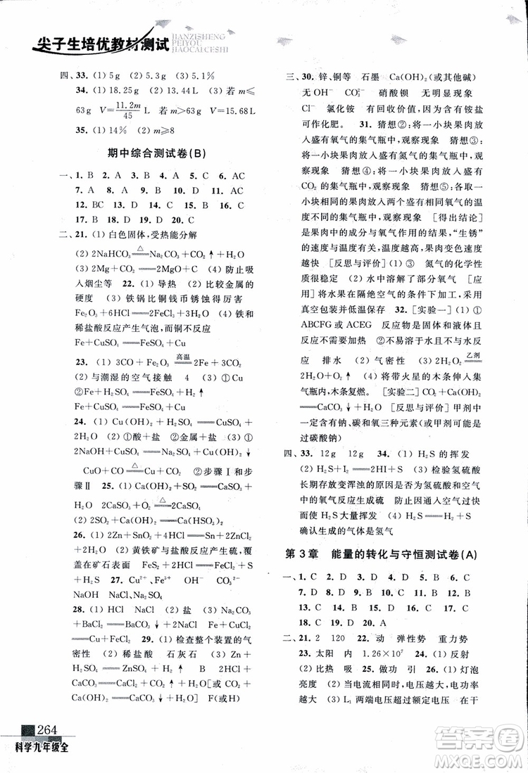 2018年尖子生培優(yōu)教材測試九年級科學(xué)全一冊第3次修訂參考答案