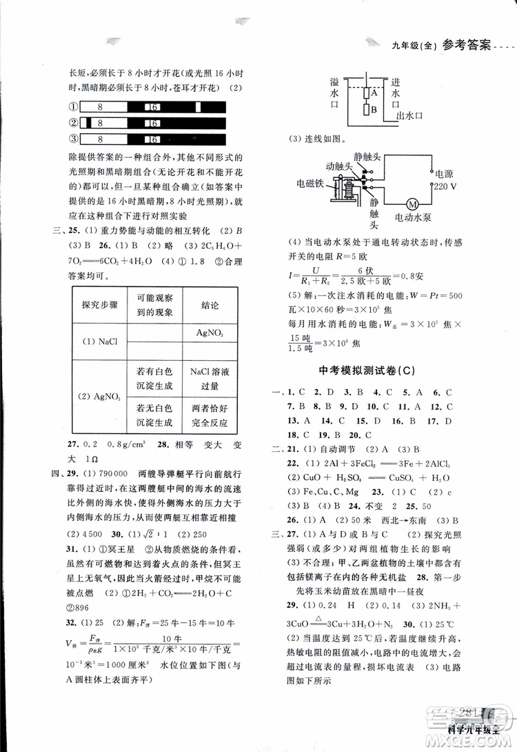 2018年尖子生培優(yōu)教材測試九年級科學(xué)全一冊第3次修訂參考答案