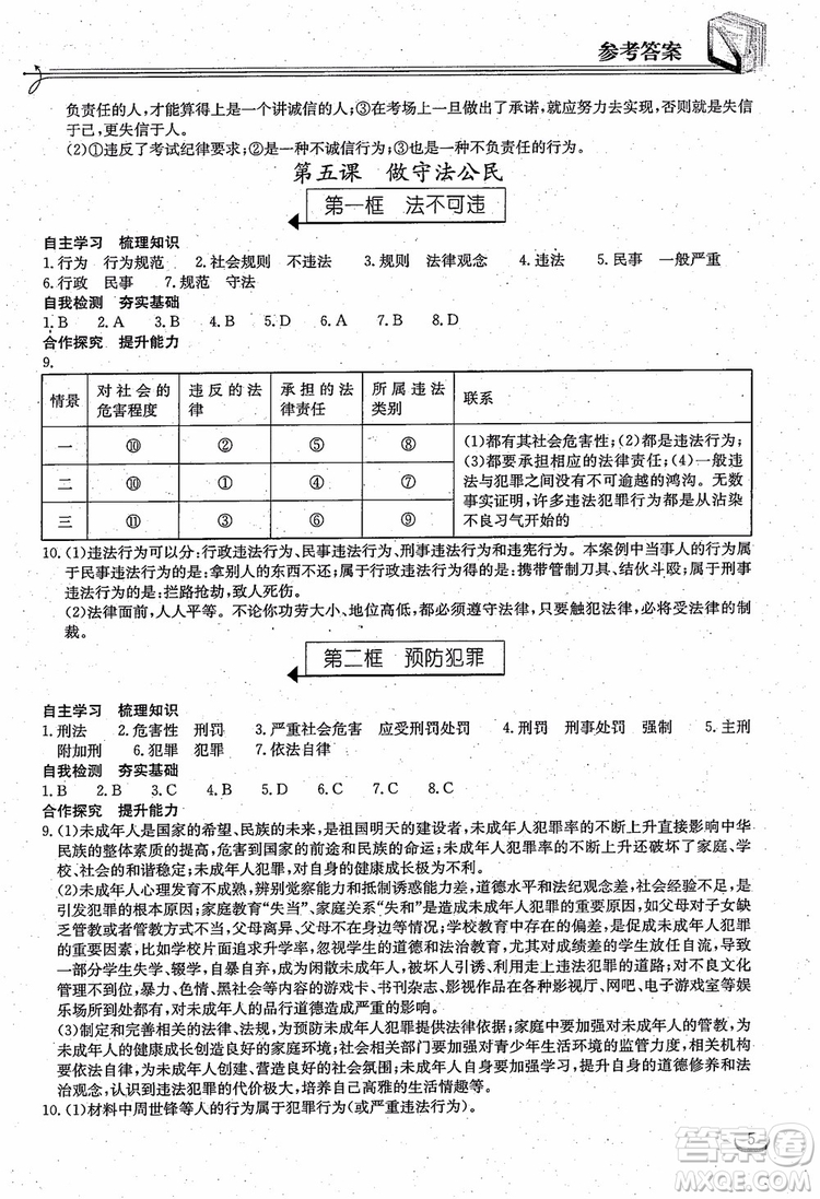 2018年長(zhǎng)江作業(yè)本同步練習(xí)冊(cè)八年級(jí)上冊(cè)思想品德人教版參考答案