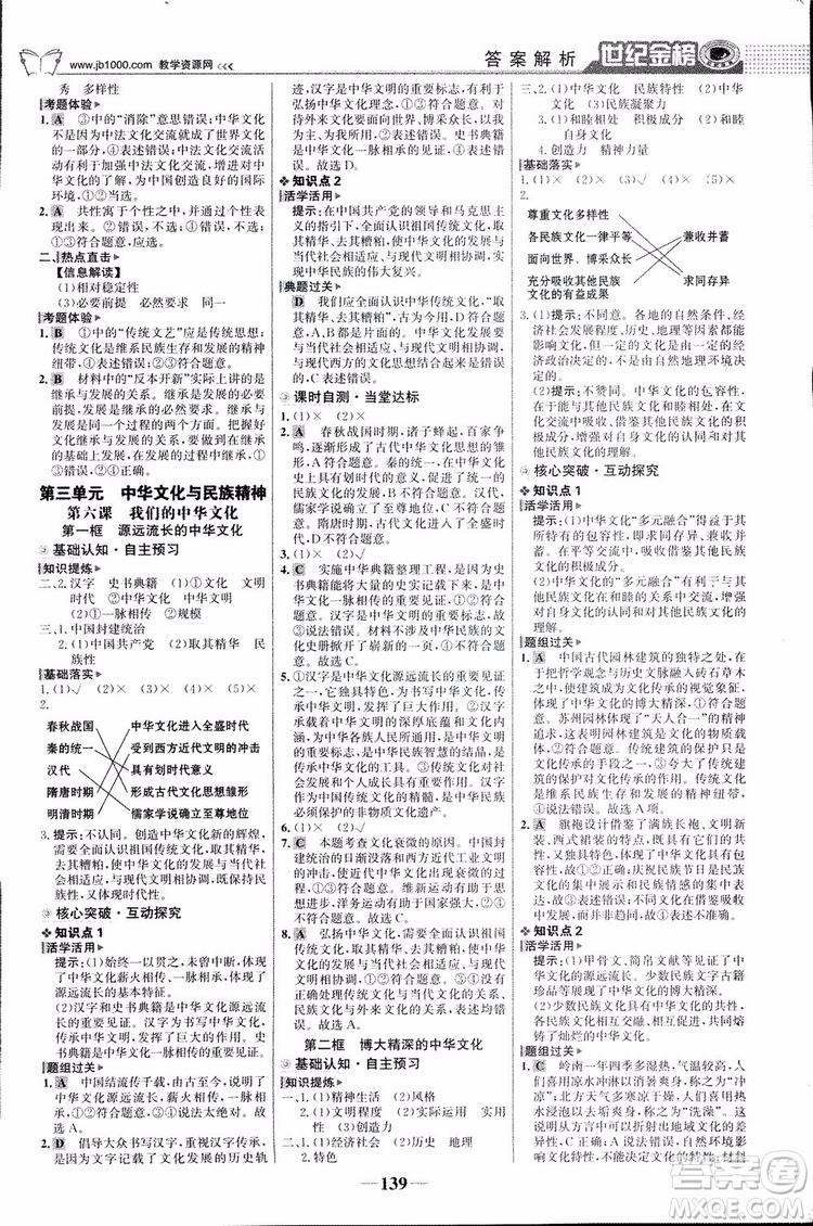 2018版世紀金榜高中全程學習方略人教版浙江地區(qū)專用思想政治必修3參考答案