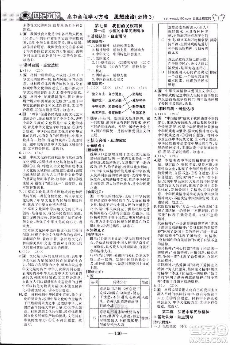 2018版世紀金榜高中全程學習方略人教版浙江地區(qū)專用思想政治必修3參考答案