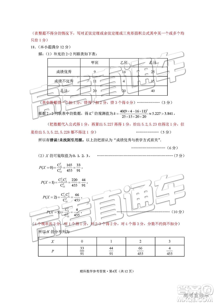 2019屆“3+3+3”高考備考診斷性聯(lián)考理數(shù)參考答案