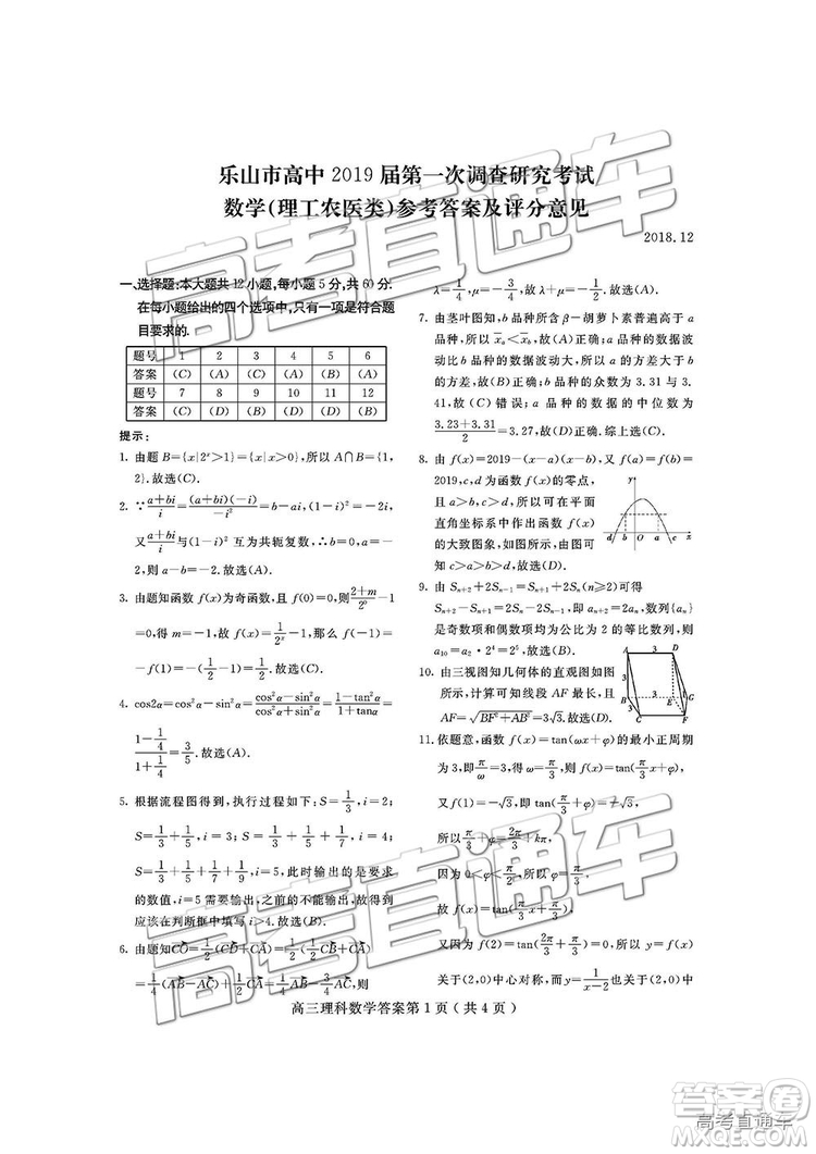 2019屆四川省樂山市高中第一次調(diào)查研究考試?yán)頂?shù)試題及參考答案