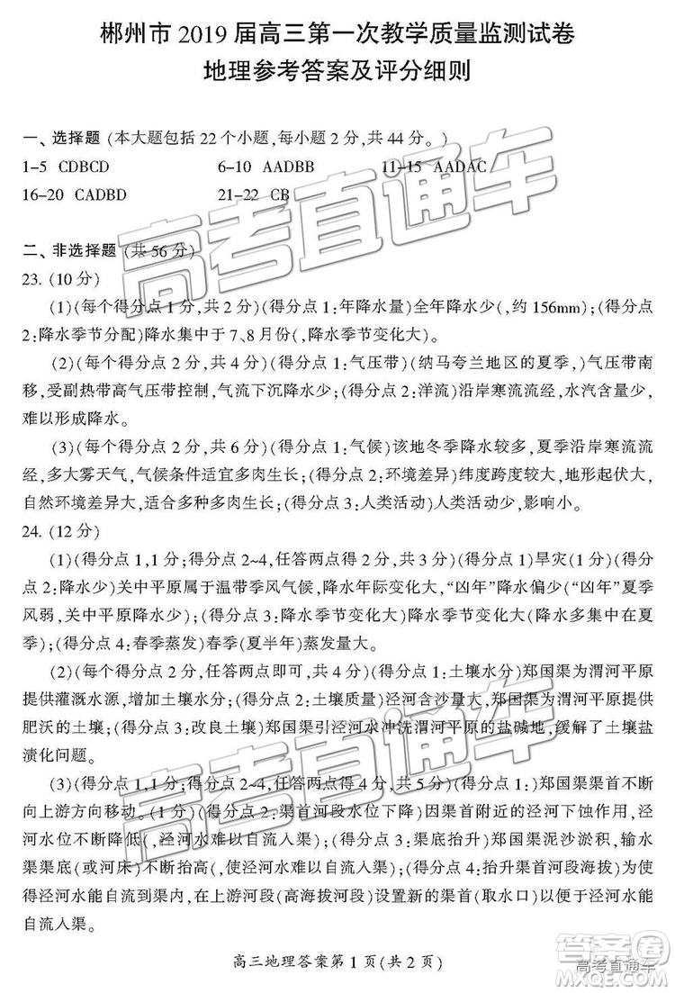 2019屆湖南省郴州市高三第一次質量檢測文綜試題及參考答案