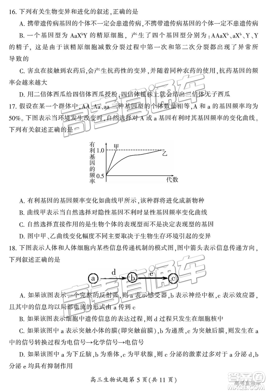 2019屆湖南省郴州市高三第一次質(zhì)量檢測(cè)理綜試題及參考答案