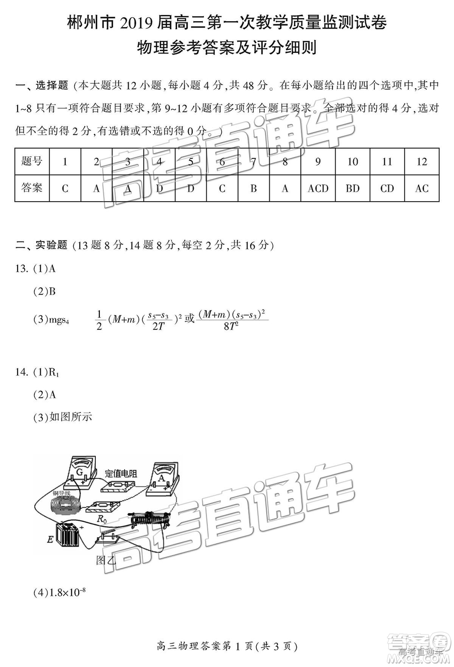 2019屆湖南省郴州市高三第一次質(zhì)量檢測(cè)理綜試題及參考答案