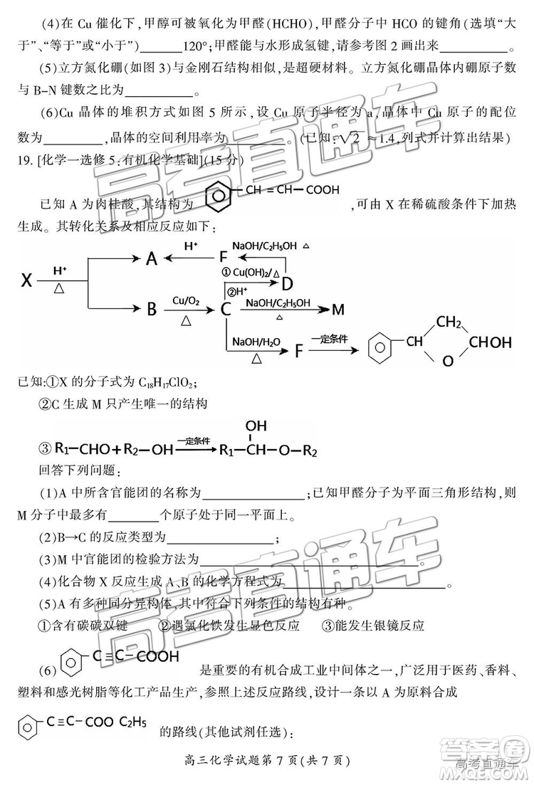 2019屆湖南省郴州市高三第一次質(zhì)量檢測(cè)理綜試題及參考答案