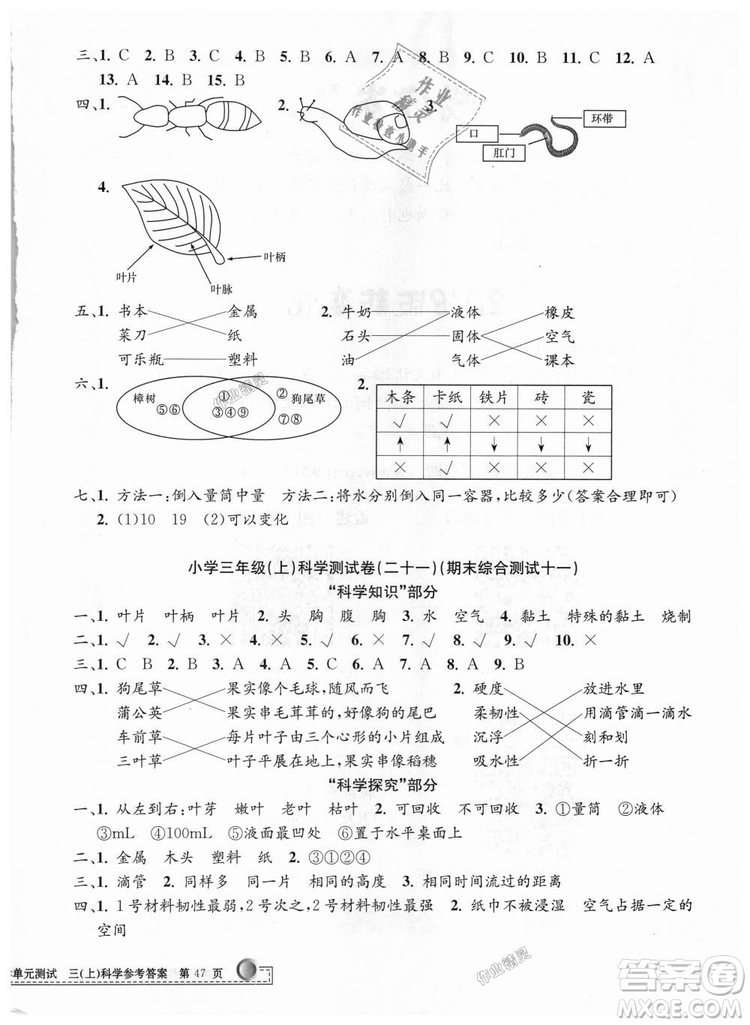 9787517809159孟建平2018年教科版小學(xué)單元測試卷三年級上科學(xué)答案