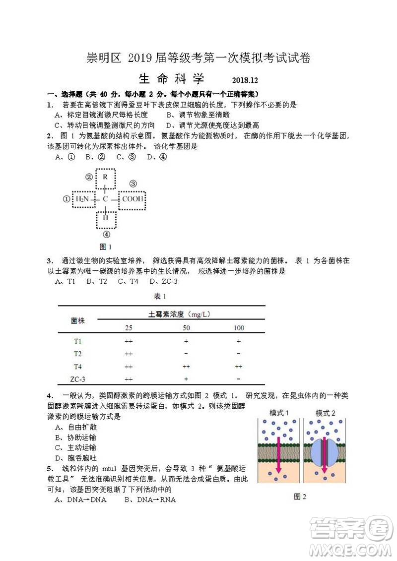 2019屆上海崇明高三生物一模試卷答案