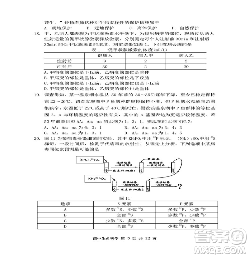 2019屆上海金山高三一模生物試卷答案