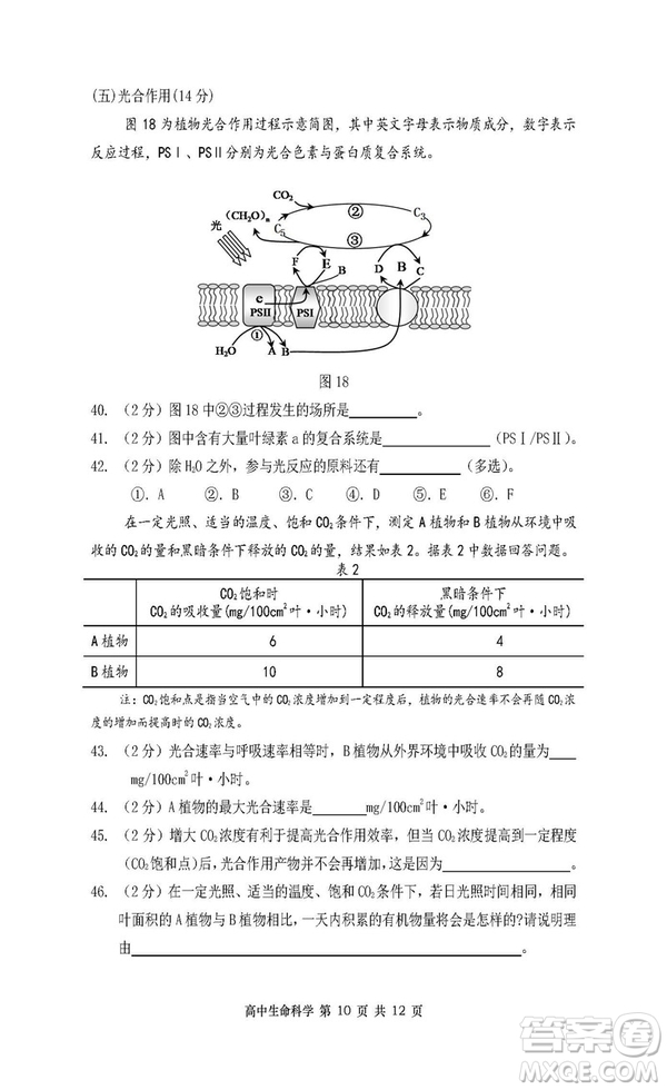 2019屆上海金山高三一模生物試卷答案