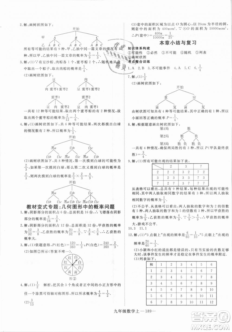 湖北專用人教版優(yōu)翼學(xué)練優(yōu)2018新版數(shù)學(xué)R九年級(jí)上冊(cè)參考答案