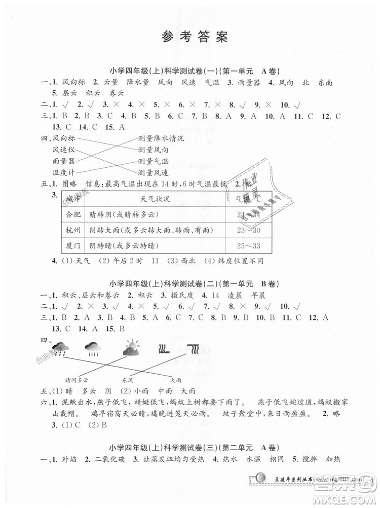 教科版9787517809203孟建平2018新版小學(xué)單元測(cè)試四年級(jí)上冊(cè)J科學(xué)答案