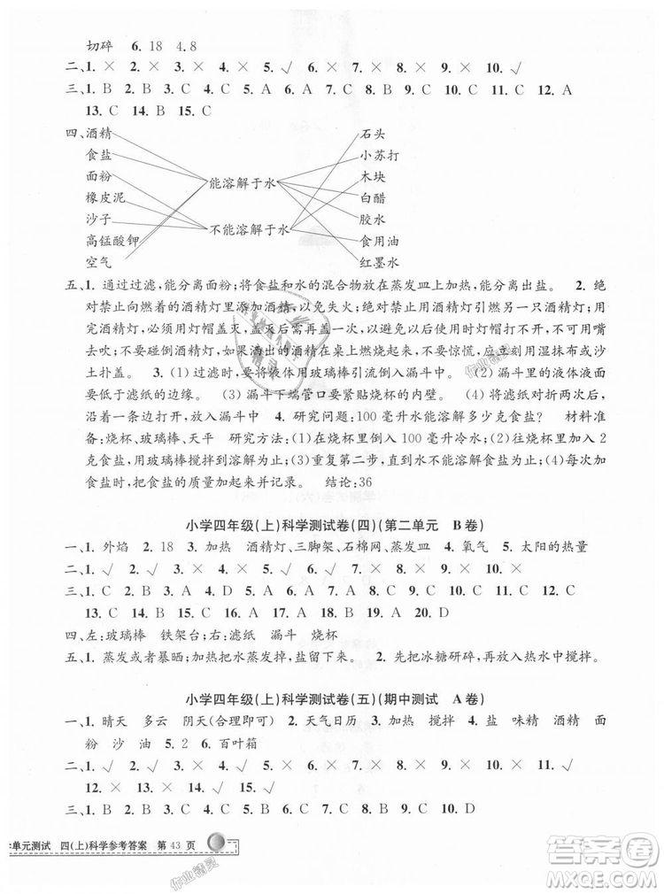 教科版9787517809203孟建平2018新版小學(xué)單元測(cè)試四年級(jí)上冊(cè)J科學(xué)答案