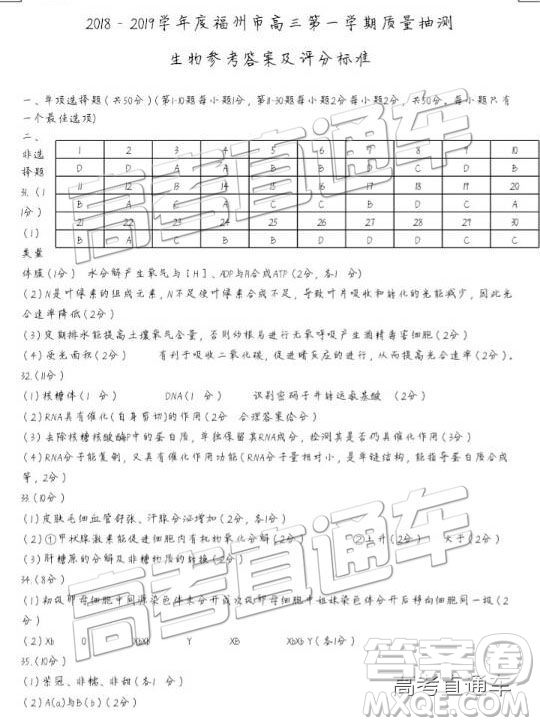 福州市2018-2019學(xué)年度高三第一學(xué)期期末質(zhì)量抽測(cè)生物答案解析