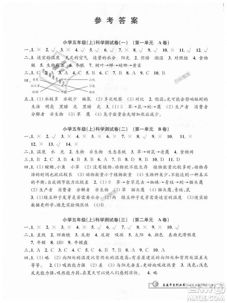 教科版2018最新修訂版9787517809258孟建平小學(xué)單元測試五年級上冊科學(xué)答案