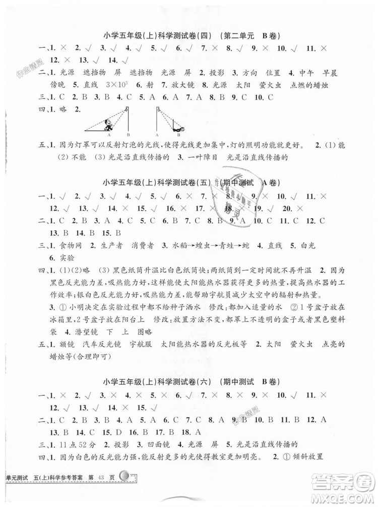 教科版2018最新修訂版9787517809258孟建平小學(xué)單元測試五年級上冊科學(xué)答案