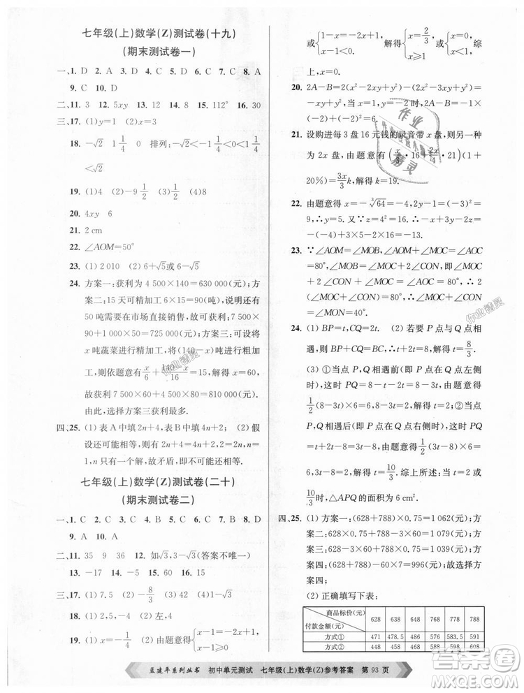 浙教版孟建平2018初中單元測試9787517808855七年級上冊數(shù)學(xué)答案